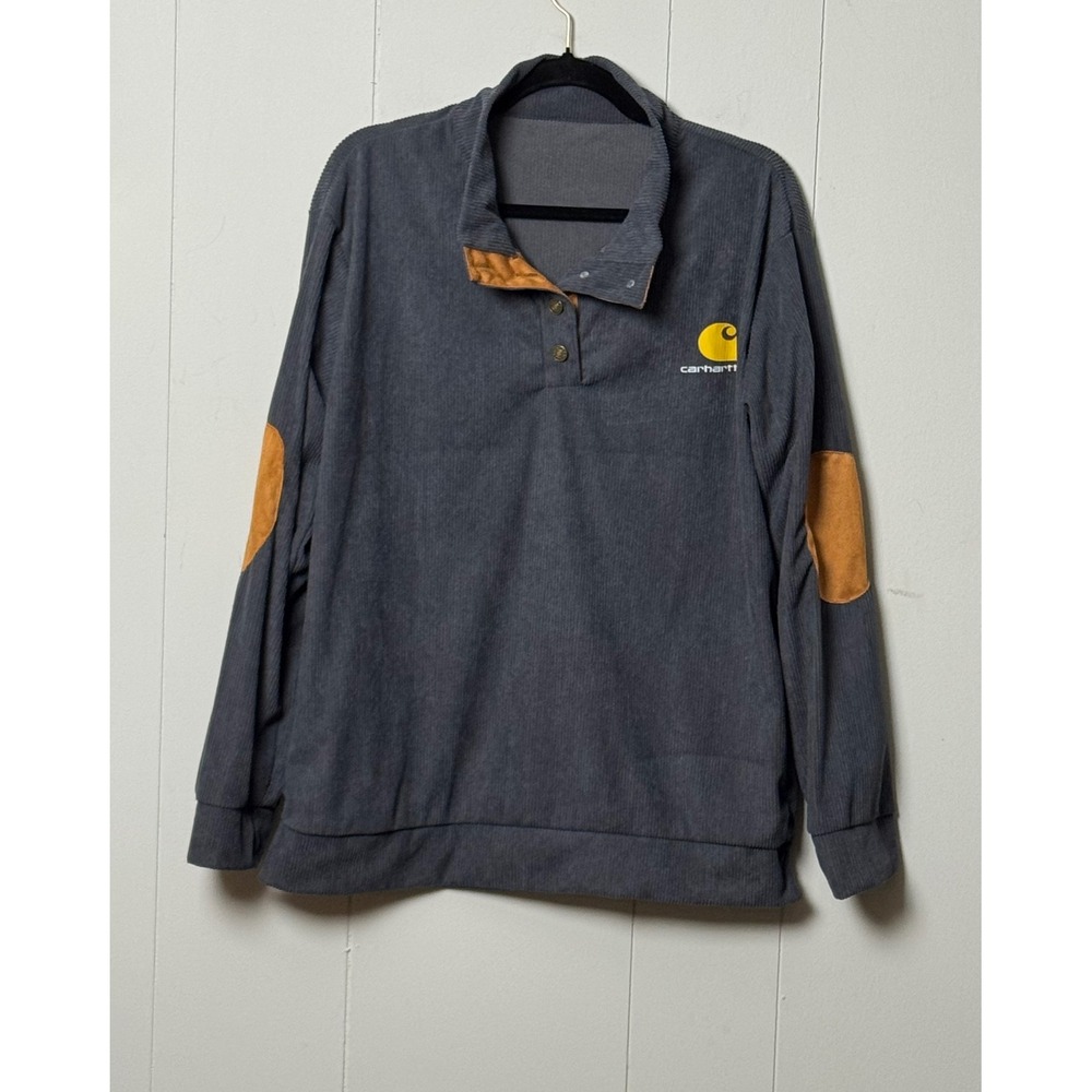 Carhartt Mens Corduroy Quarter Button Pullover Gray Elbow Patches Size M